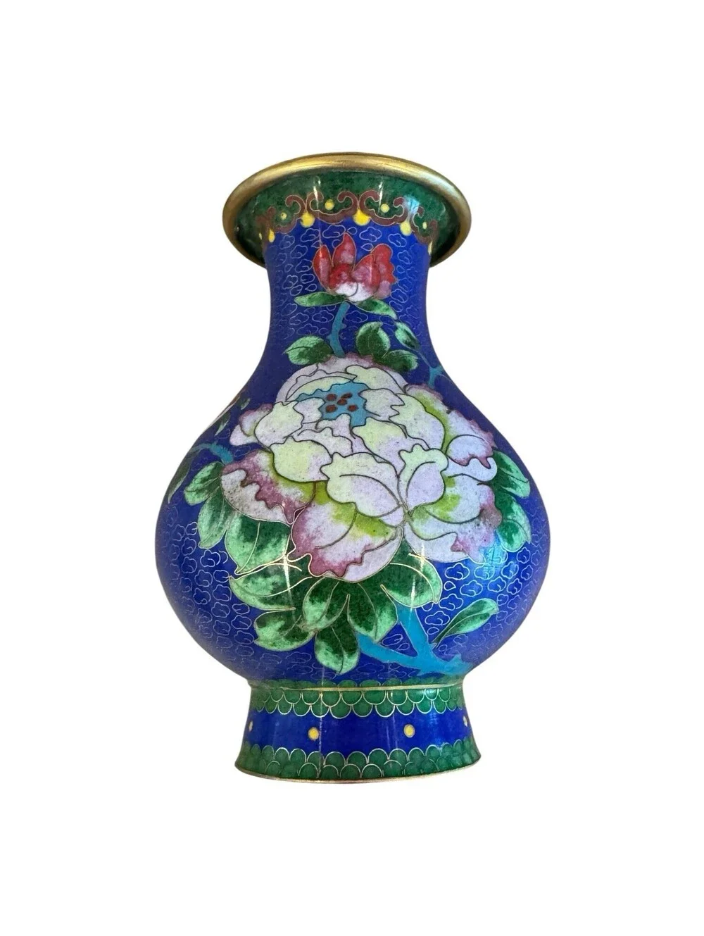 Vintage Chinese Cloisonné Vase Blue Enamel Floral Brass 6 Inch Decorative